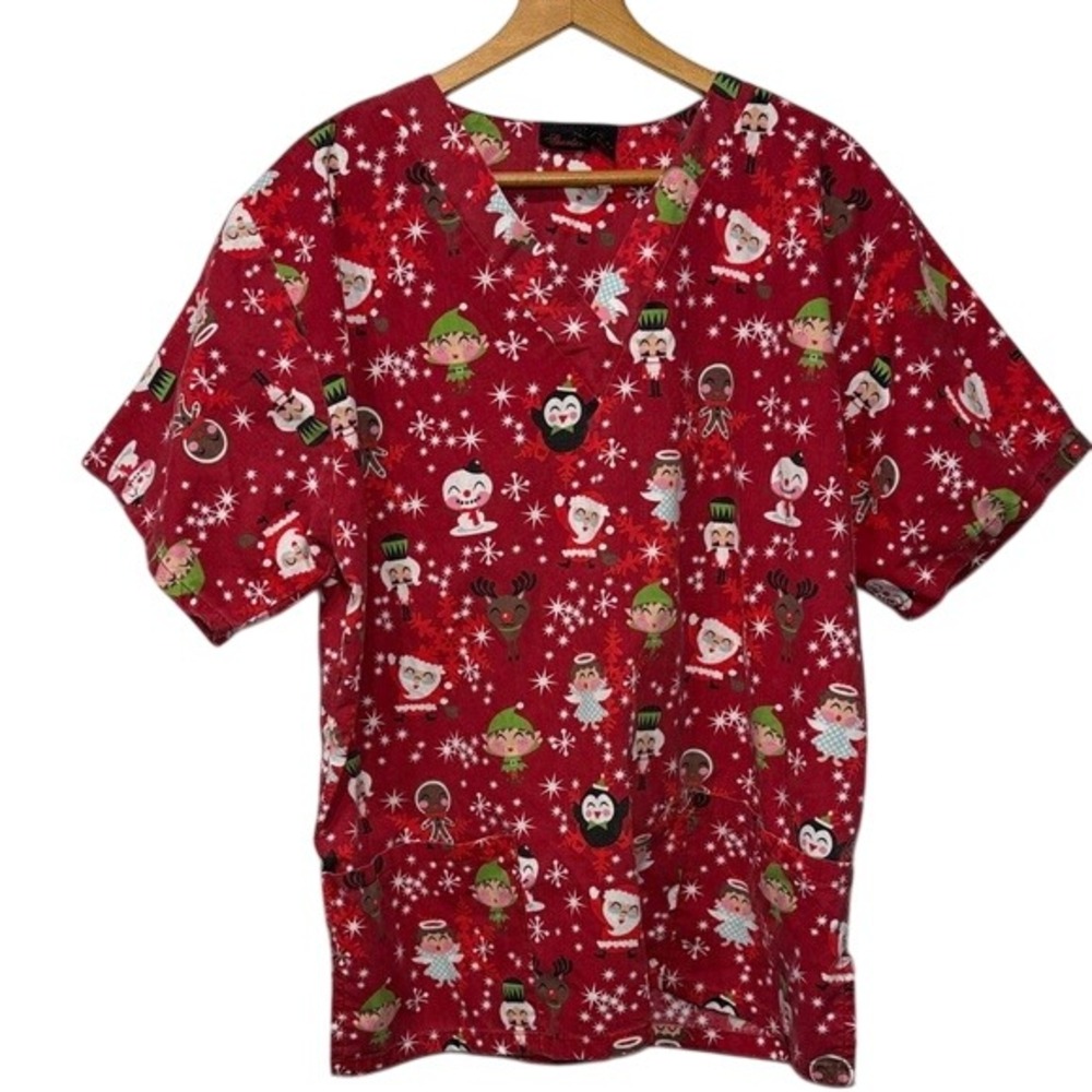 Women's Shorties Scrub Top Red Christmas Holiday V-Neck Short Sleeve Size XL